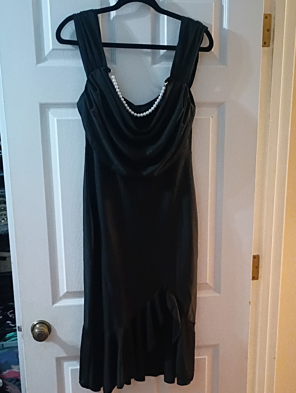 Elegant Black Cowl Neck Dress with Pearl Detail